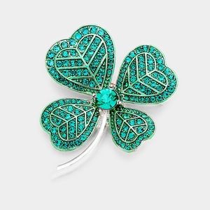 Green Silver Rhinestone Crystal Four Leaf Clover Brooch Pin Shamrock St Patricks